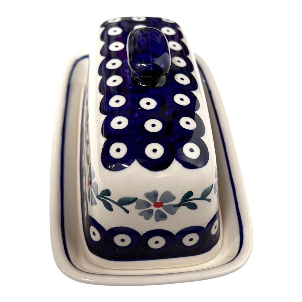 NEW Boleslawiec BUTTER DISH Poland Pottery Peacock Forget Me Not Floral 7.75” - Picture 3 of 9